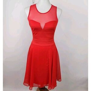 Guess Red Fit Flare Cocktail Party Mini Dress Sheer Sweetheart Neckline Womens S